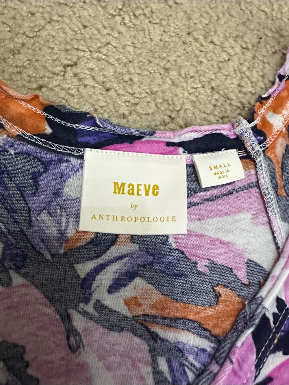 Maeve by Anthropologie Carie Tee Floral V-Neck Top Orange w/ Pink & Navy Blooms - Picture 3 of 12
